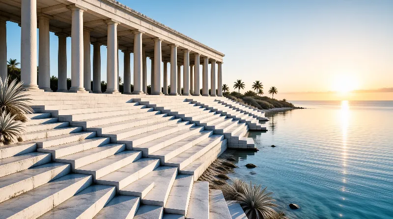 White classical columns line tiered marble steps that meet a calm sea glowing gold at sunset.