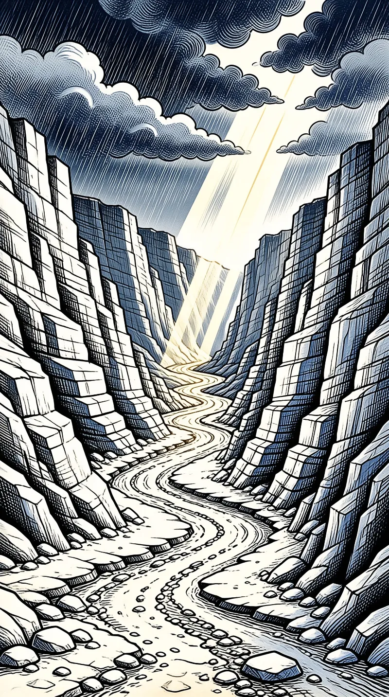 Blue ink drawing of a river flowing through a rocky gorge while a ray of light cuts through storm clouds above.
