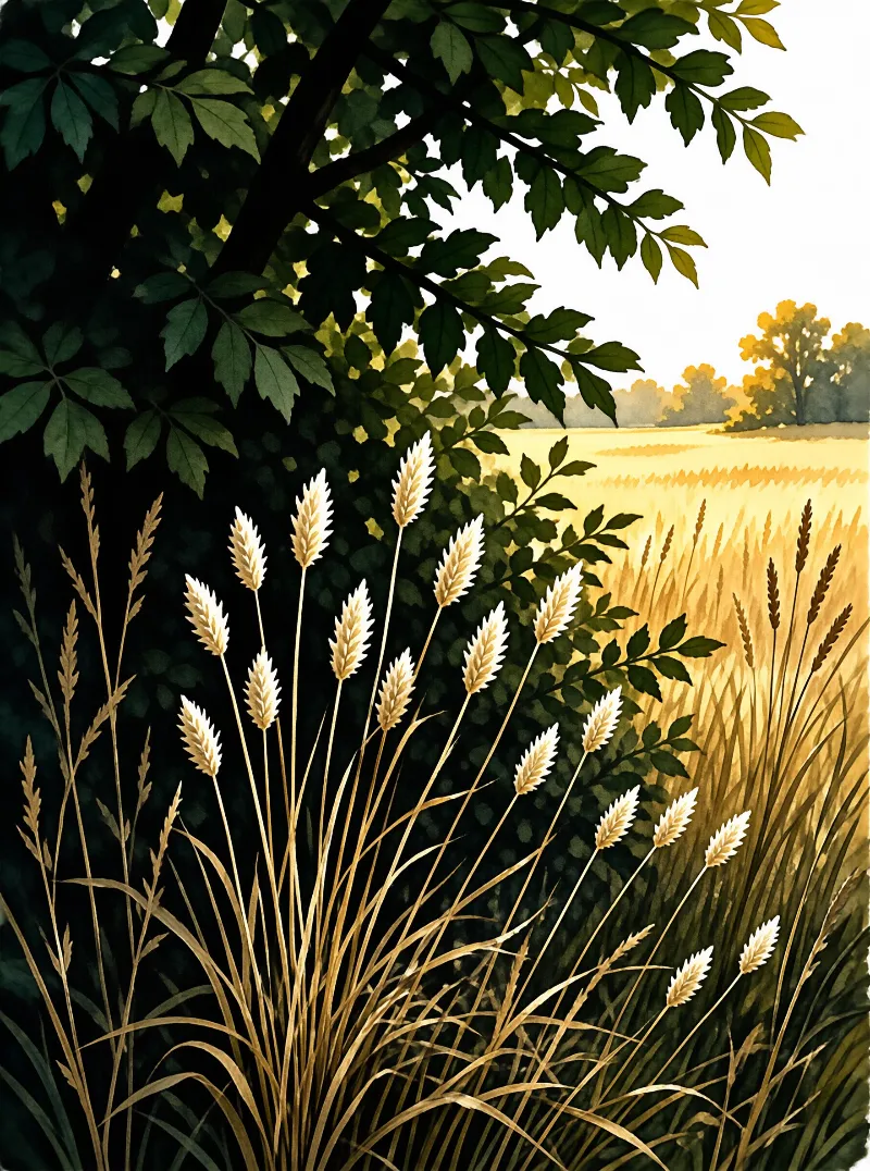 Tall white grass heads rise from deep shadows toward a bright golden field with distant trees in the distance.