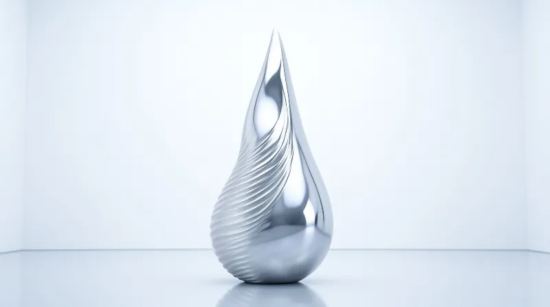 A chrome teardrop shape with horizontal ridges on the left side sits against a seamless white wall.