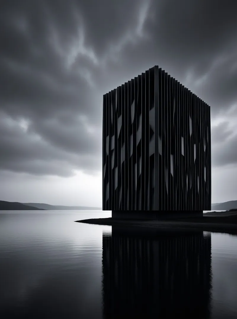 A windowless dark tower with vertical fins stands on a narrow sandbar, mirrored in glassy water under a heavy grey sky.