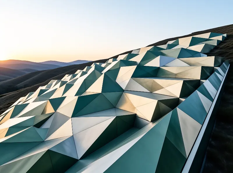 A bright full moon rises over the angular glass front of a building that climbs a shadowed slope above concrete steps.