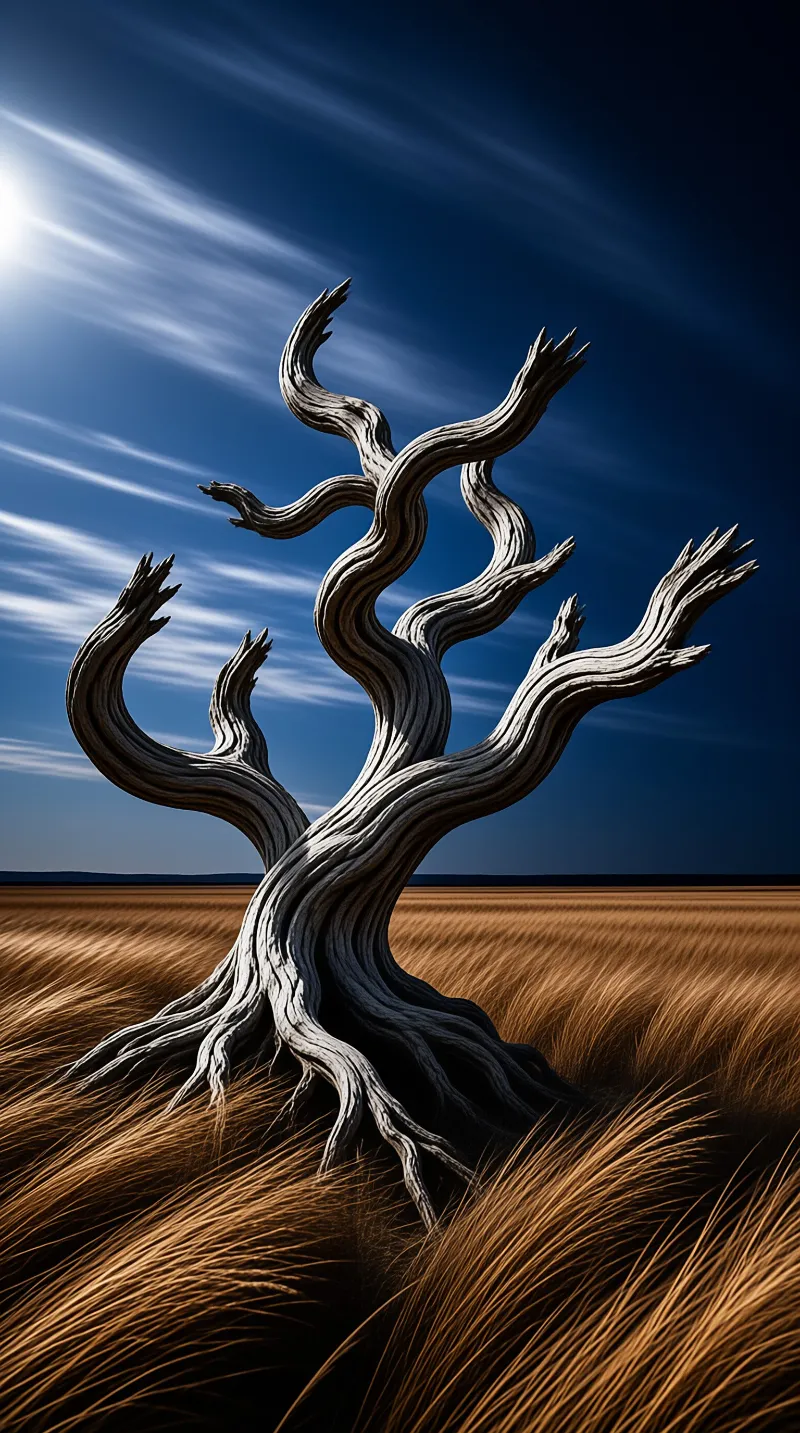 A weathered leafless tree rises from tall wheat beneath a bright blue sky with wispy clouds.