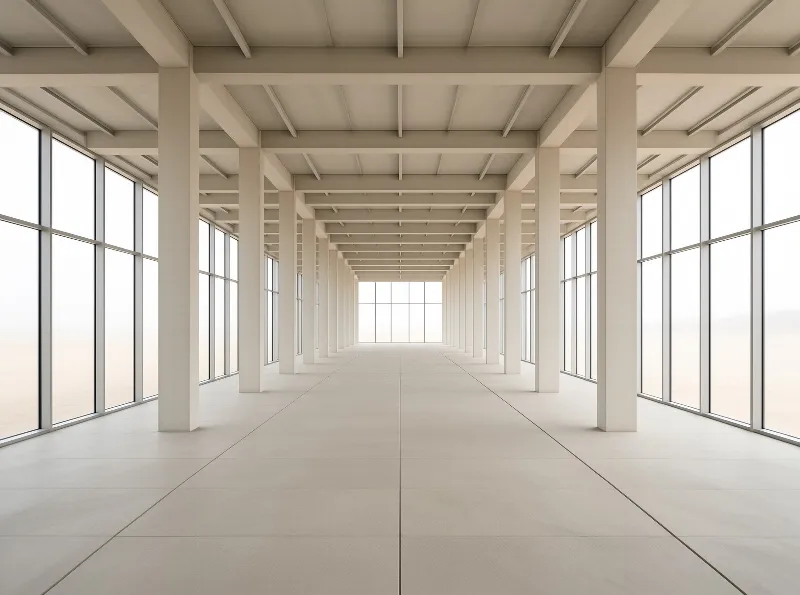 A symmetrical view of a large white hall featuring rows of columns and expansive glass windows.