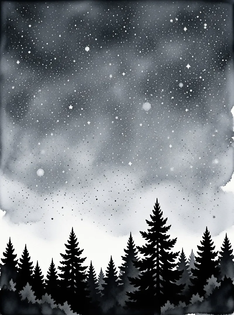 Dark pine tree silhouettes stand below a watercolor night sky scattered with bright white stars and soft clouds.