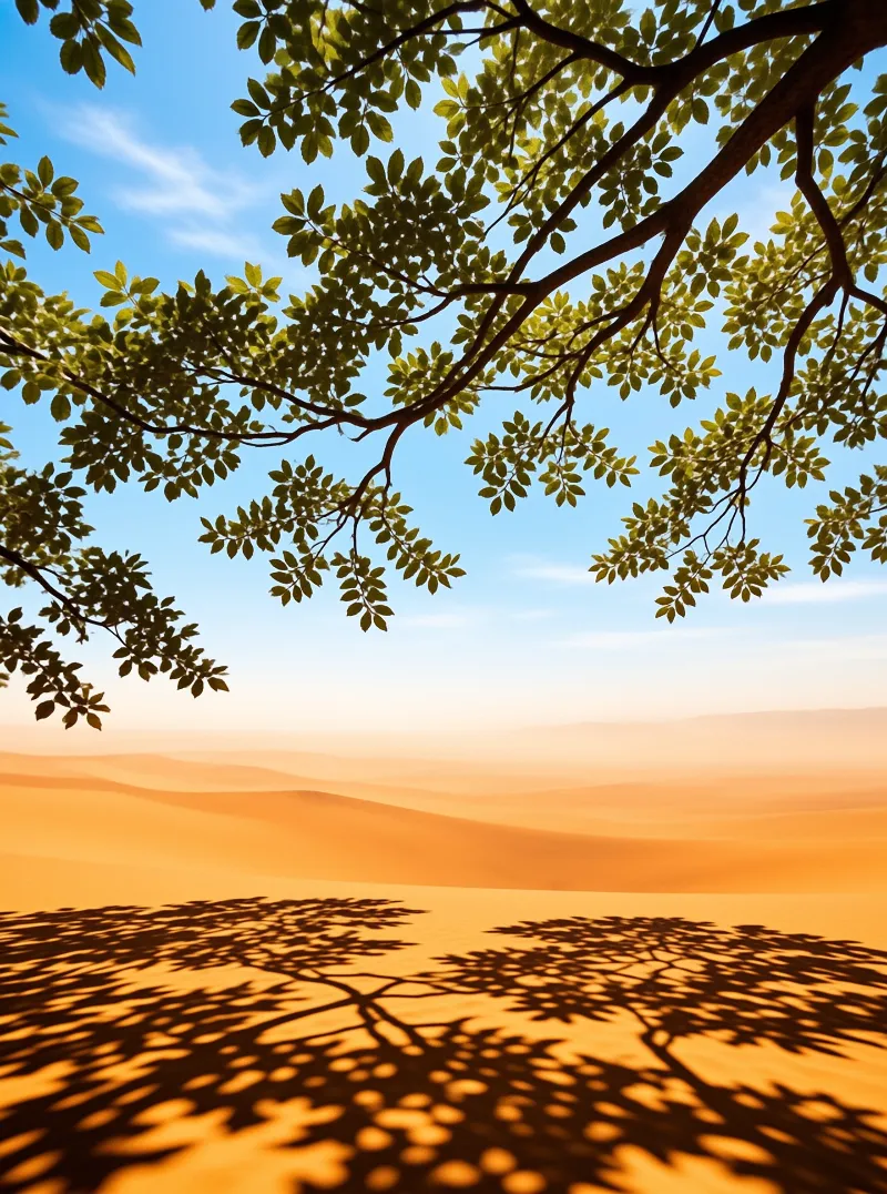 Green tree leaves frame a view of rolling orange sand dunes under a bright blue sky.