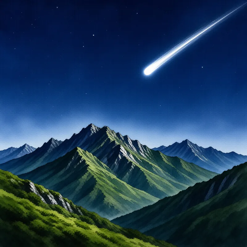 A bright meteor streaks across a deep blue night sky above layered green and blue mountains with white snow on peaks