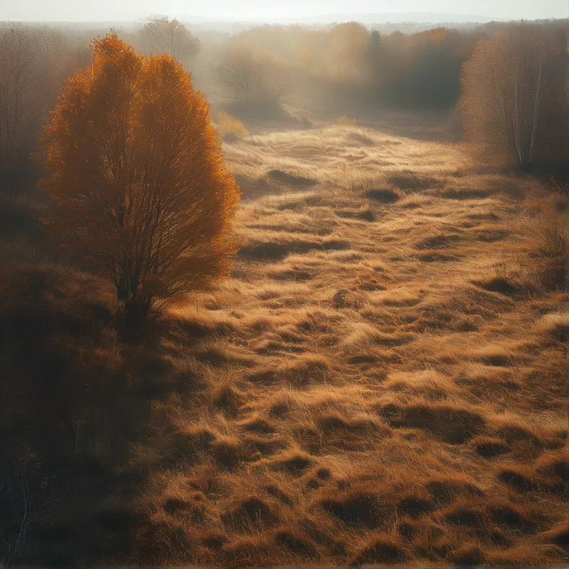 A golden-leaved tree stands alone in a foggy grassland under soft morning sunlight