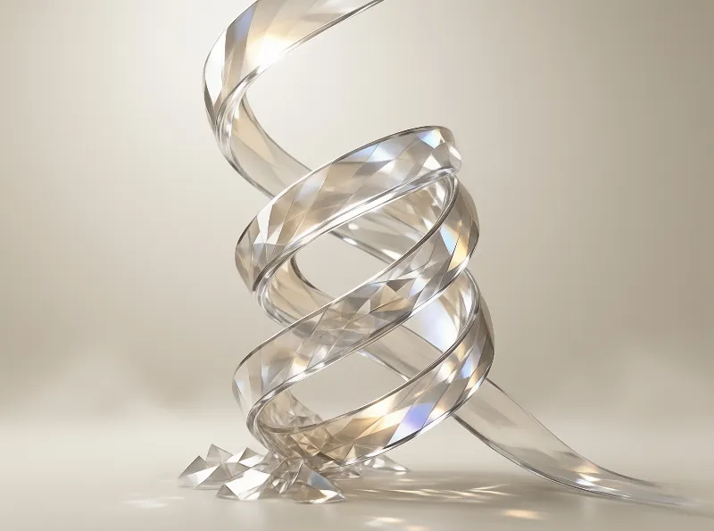 A transparent twisted ribbon structure reflects light on a soft beige surface.