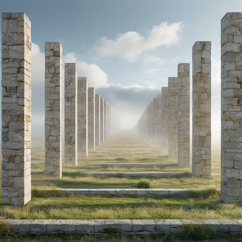 Rows of weathered stone pillars stand in a sunlit field with distant fog softening the horizon.