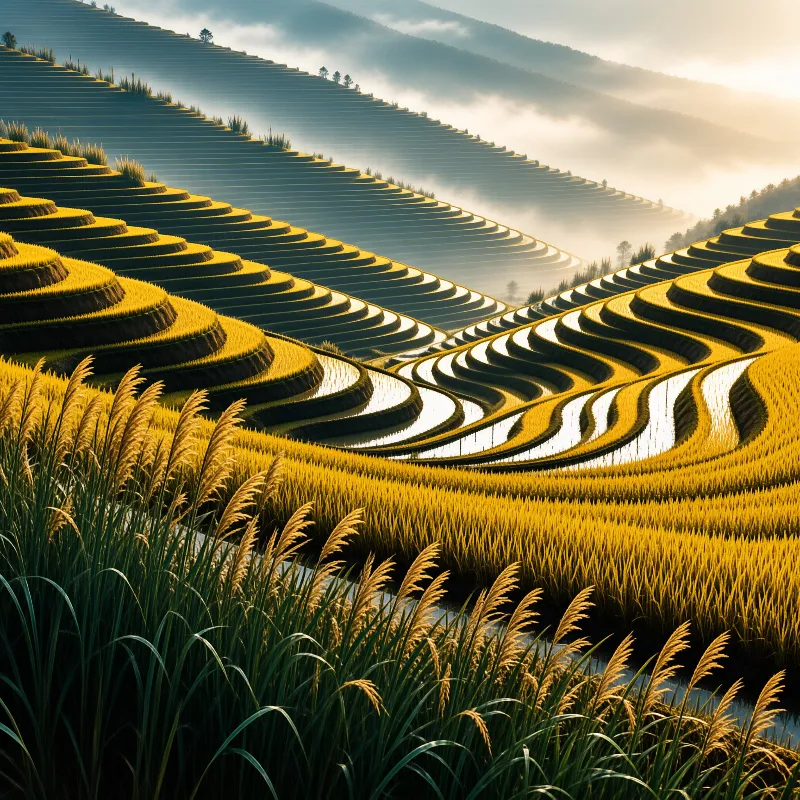 Golden Terraced Fields in Mist
