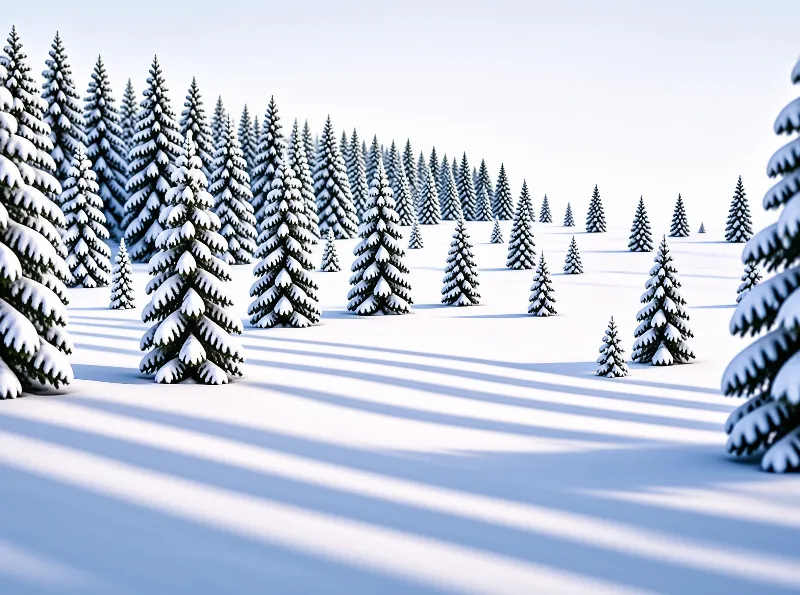 Bright winter sunlight casts long parallel blue shadows across a snow plain dotted with snow covered evergreen trees.
