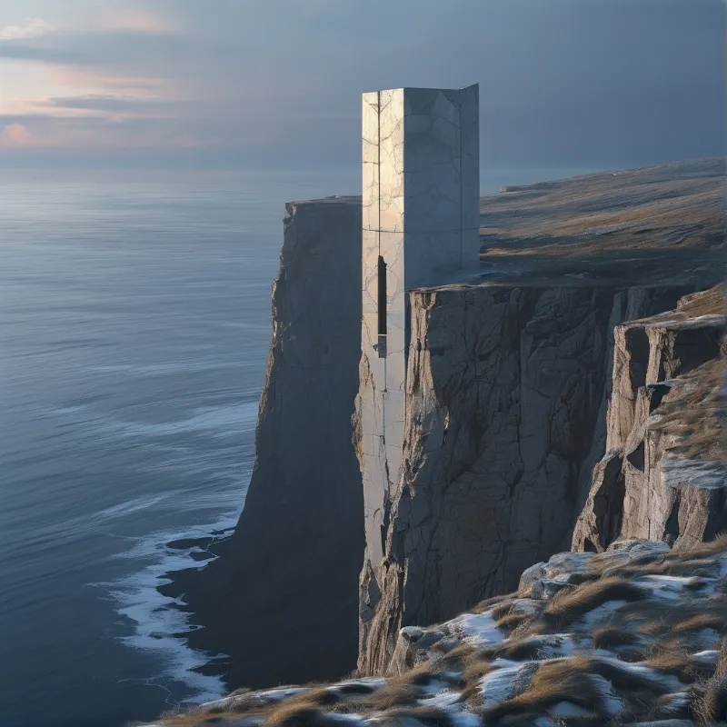 Tall tower atop rugged coastal cliff at twilight, sea below and gradient sky above.