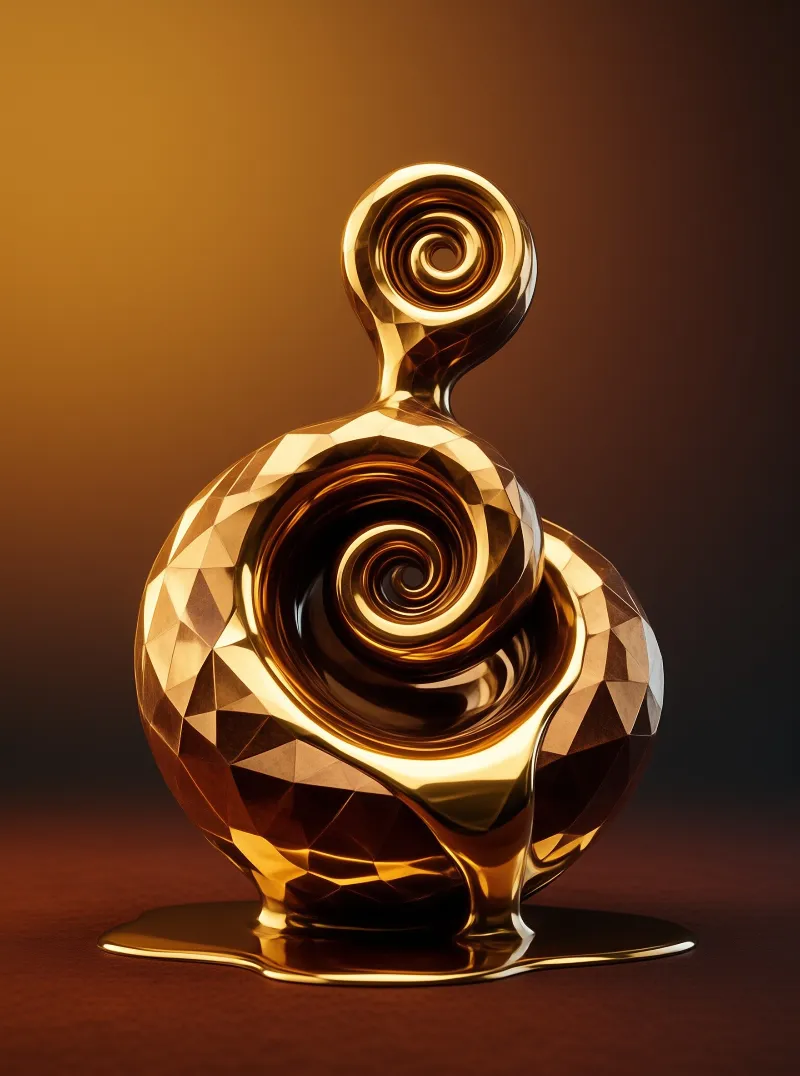 A shiny golden sculpture with spiral details sits on a dark surface reflecting warm light.