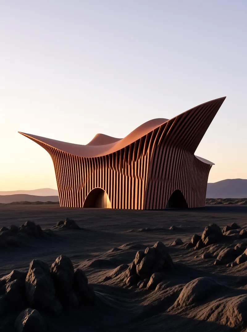 A massive sculptural building with vertical ribs stands in a rocky desert under warm evening sunlight.