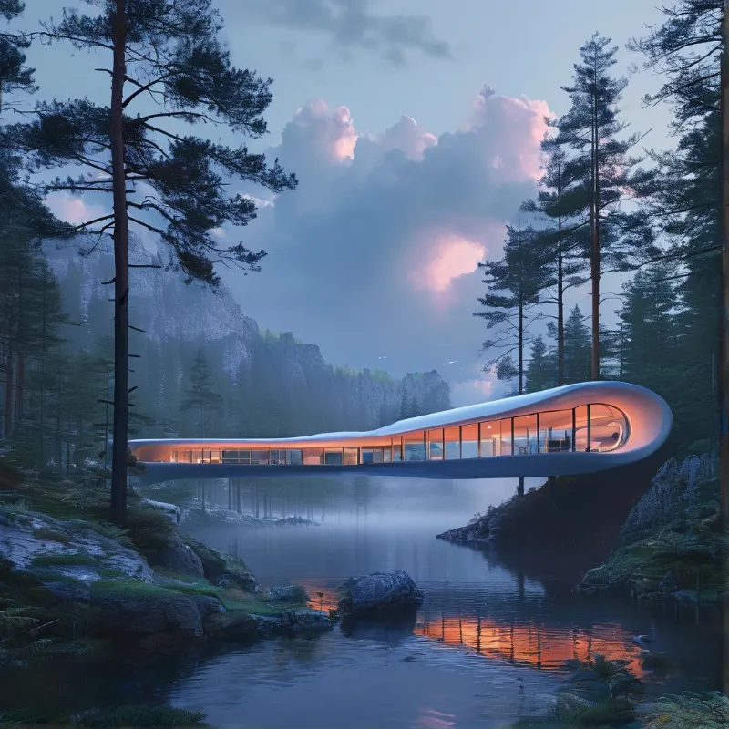 A sweeping white pavilion hovers over a still mountain lake while pink evening clouds glow behind tall pines.
