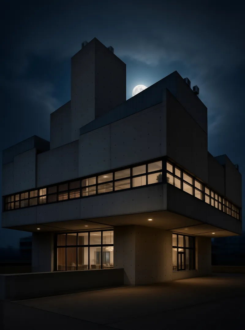 Modern Concrete Building at Night with Moon