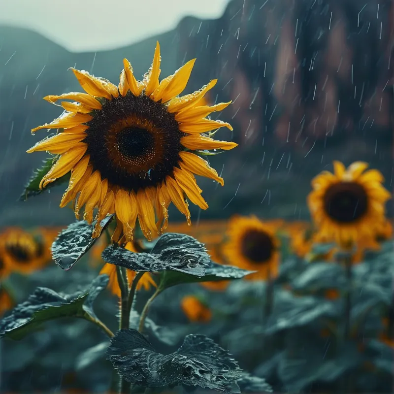 A single rain-soaked sunflower stands prominent in a field of blurred sunflowers beneath falling rain, with glistening wet leaves and hazy dark mountains behind it.