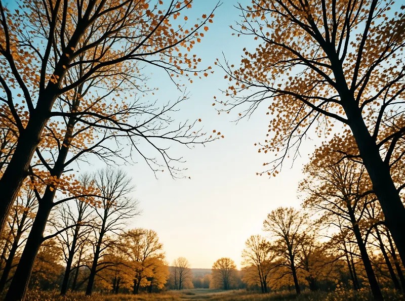 Tall trees with yellow leaves frame a bright sky in this autumn landscape.