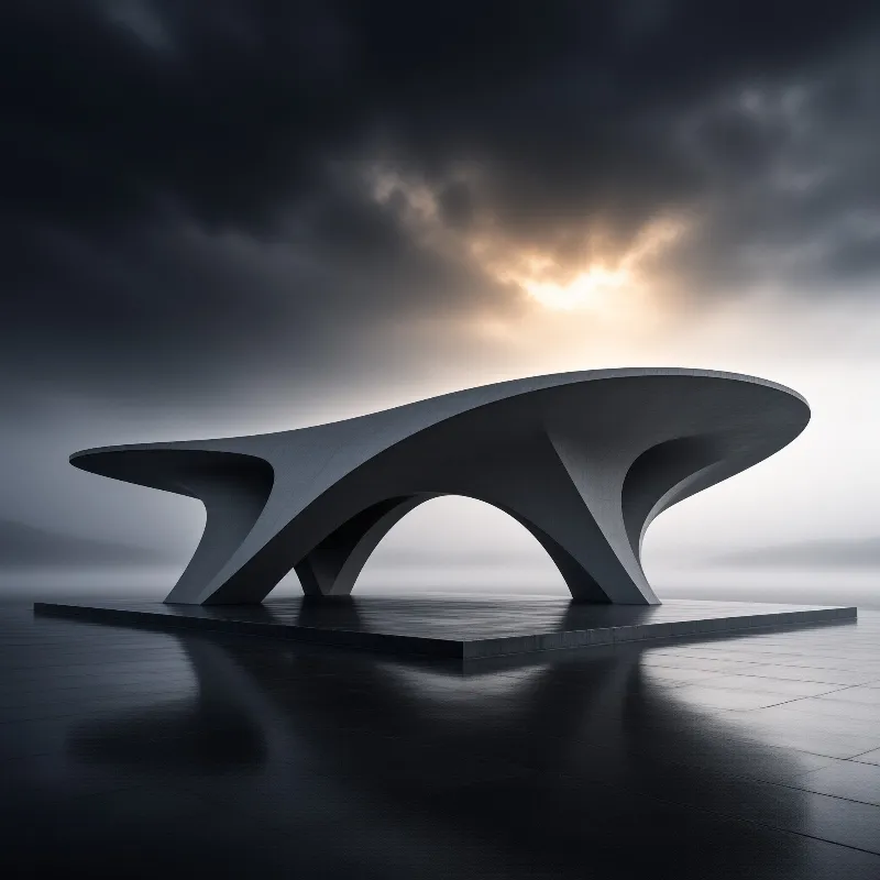 A sweeping sculptural canopy with arching legs stands on a mirrored plaza beneath dark, breaking storm clouds.