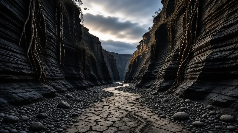 A shallow reflective river winds through a deep narrow canyon of layered dark rock cliffs under dramatic overcast sky at dusk.