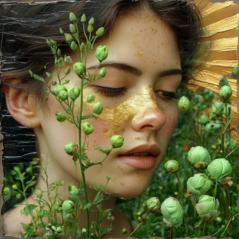 Portrait of a woman with gold leaf on her nose and cheeks surrounded by green flower buds against a golden background
