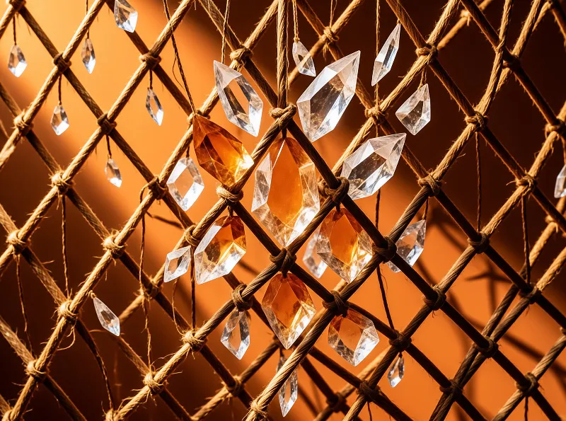 Clear and amber crystals hang from a knotted rope net against a warm orange background, catching the light.