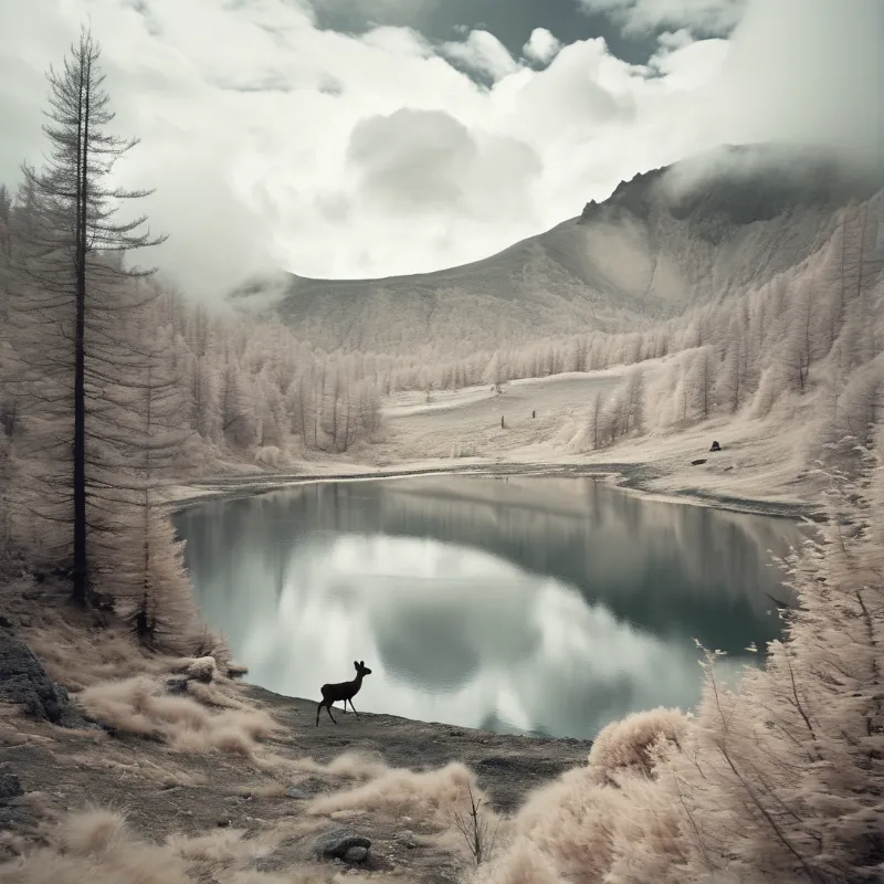 A deer stands on a lakeshore under misty mountains with calm water reflecting the sky and trees