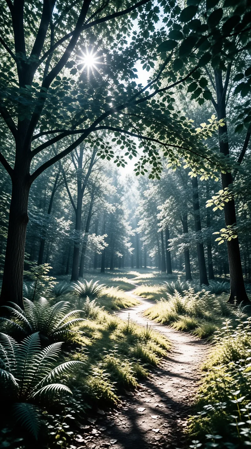 A winding dirt trail meanders through a dense green woodland as shafts of sunlight break through the tree canopy to light the ferns.