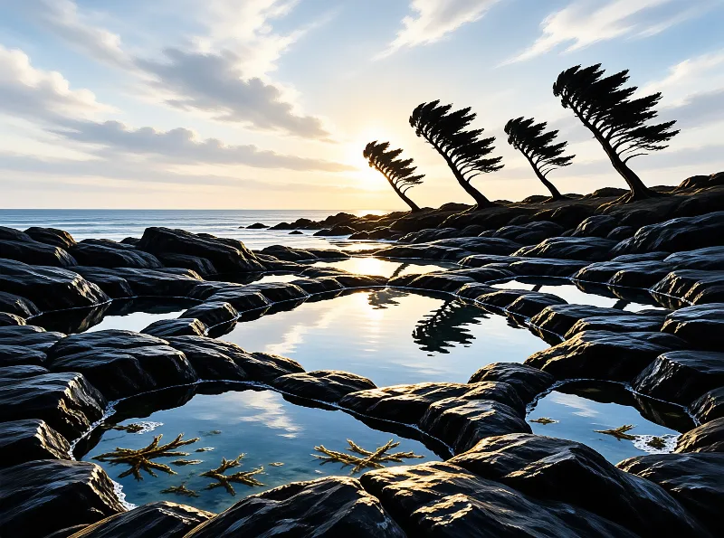 Wind blown pine trees stand silhouetted on a rocky shore, their dark shapes reflected in the calm tide pools below.