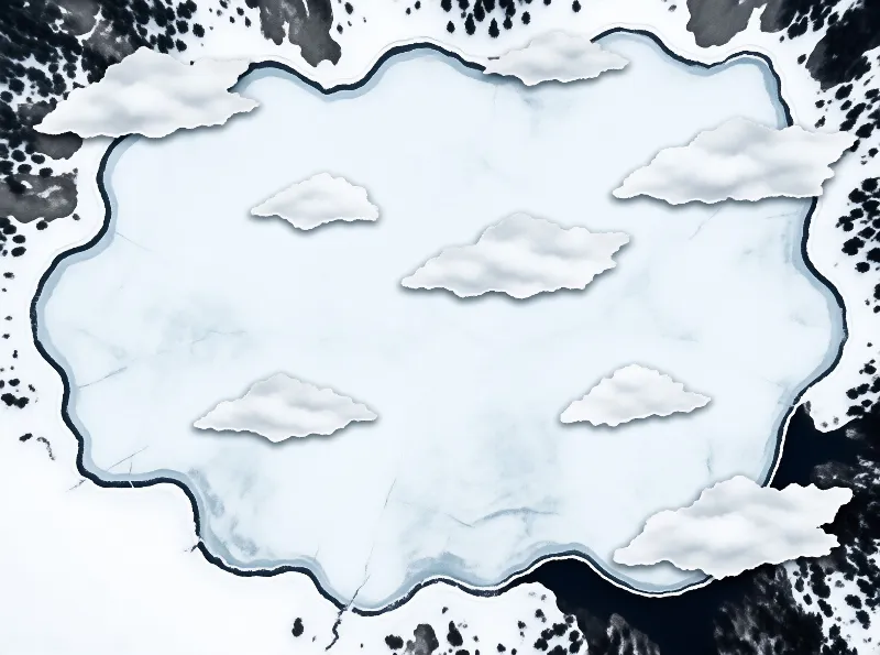 Frozen surface with drifting white clouds encircled by dark ink splatters creating a surreal composition.