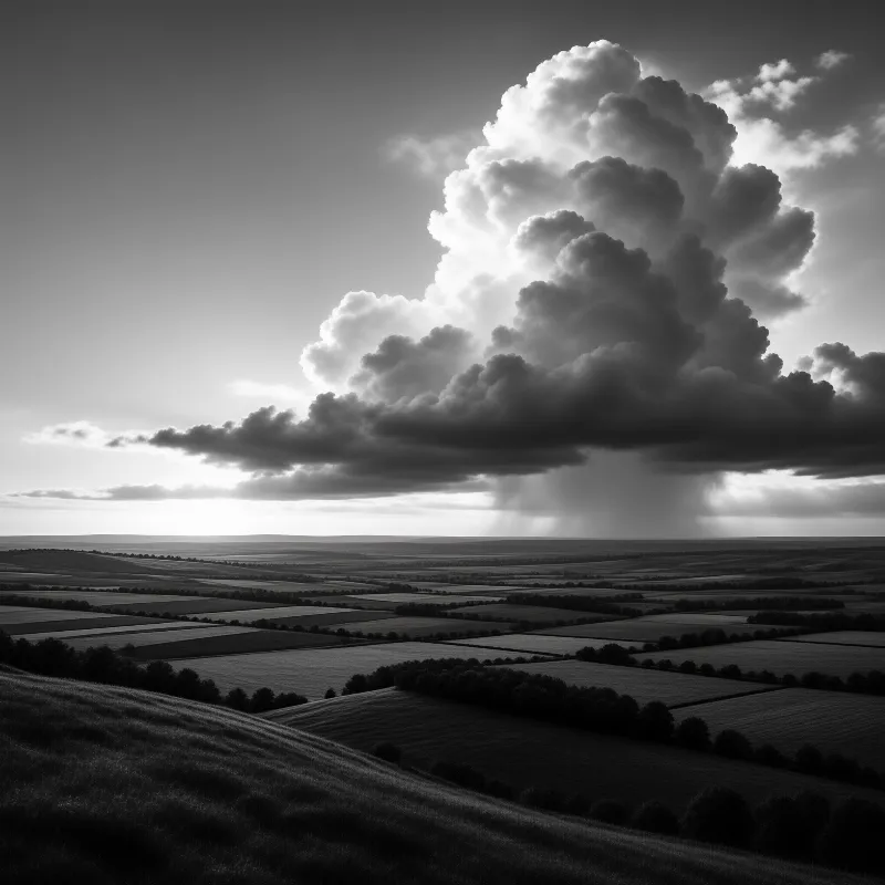 A massive towering cumulonimbus cloud over a patchwork of flat agricultural fields, with a visible rain shaft in monochrome.