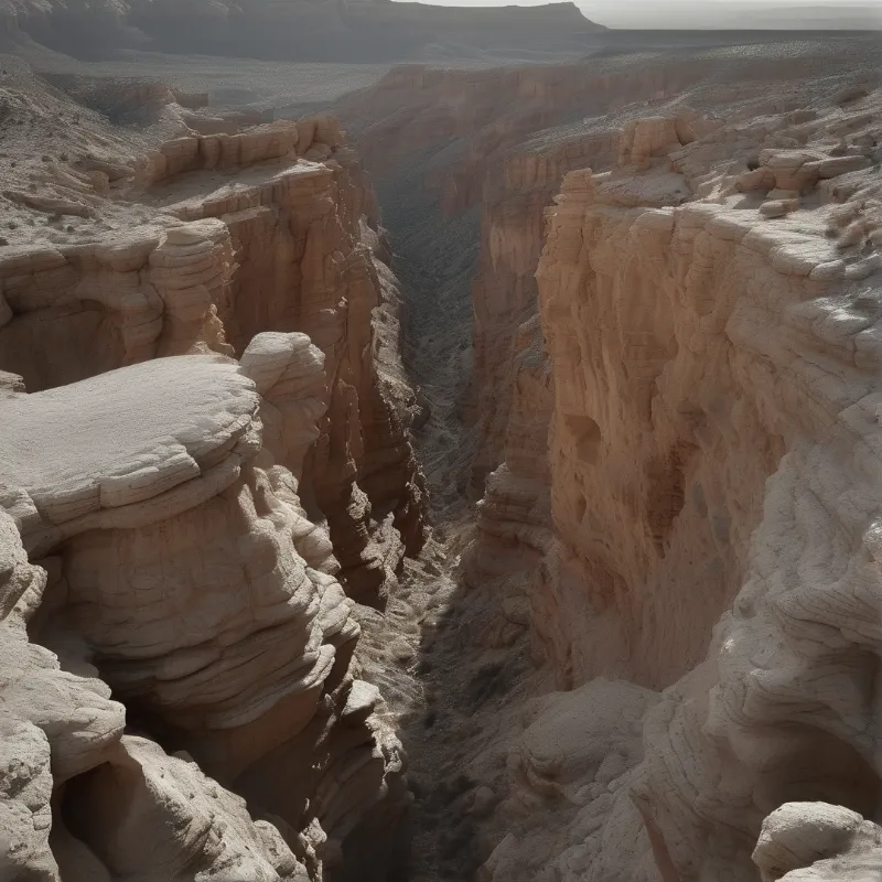 Layered beige rock walls form a deep canyon under soft light in a vast arid landscape showing distinct erosion patterns.