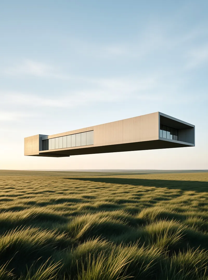 A minimalist concrete building hovers above a golden grass field under a pale blue sky with soft light casting long shadows.
