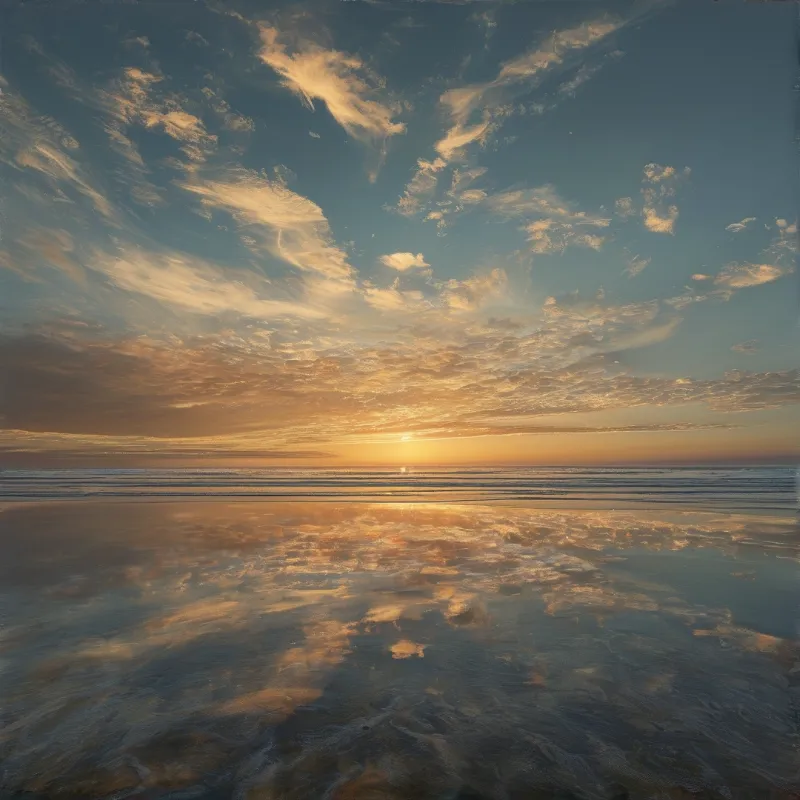 A wide view of a beach at sunset where the wet sand creates a perfect reflection of the orange clouds and blue sky.