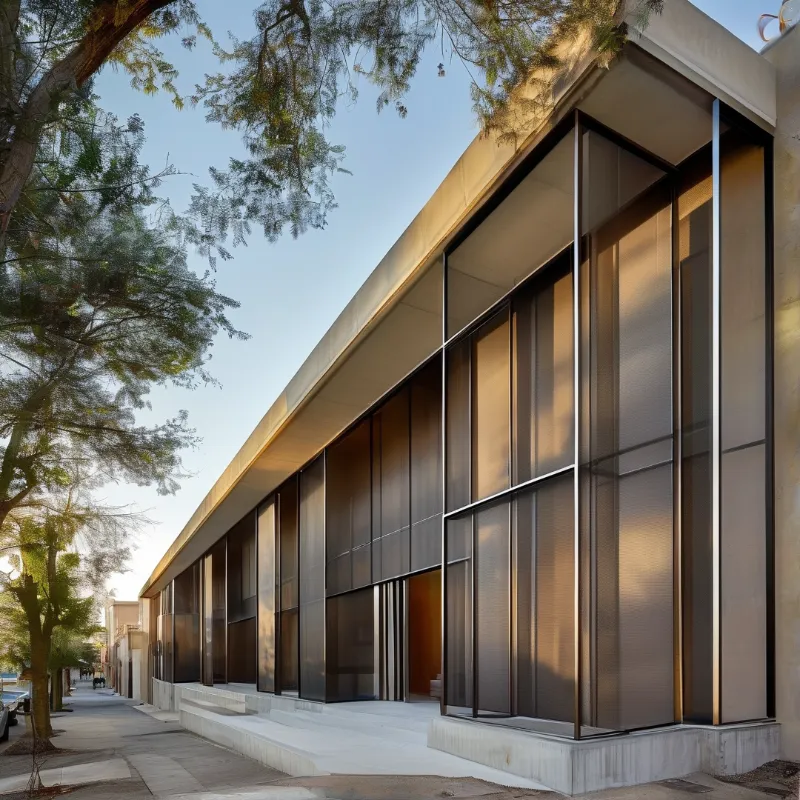 A long modern building with floor to ceiling glass windows and a concrete overhang sits along a tree lined street bathed in golden hour sunlight.