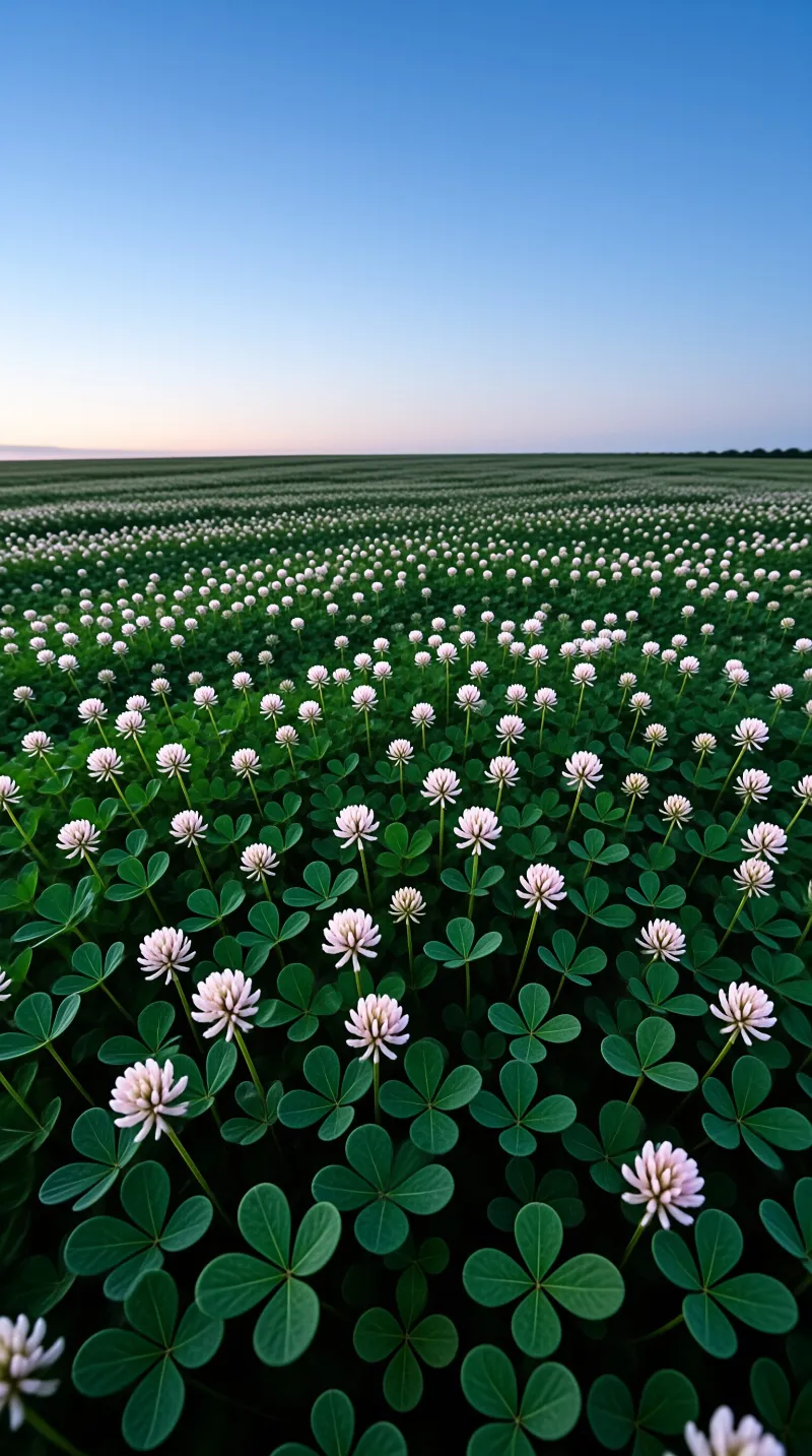 Green clover leaves and white flowers fill a wide field beneath a blue sky fading to pink at the horizon.