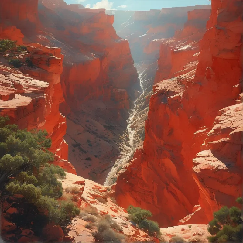 Steep orange cliffs frame a narrow riverbed winding through a deep desert gorge under bright sunlight.