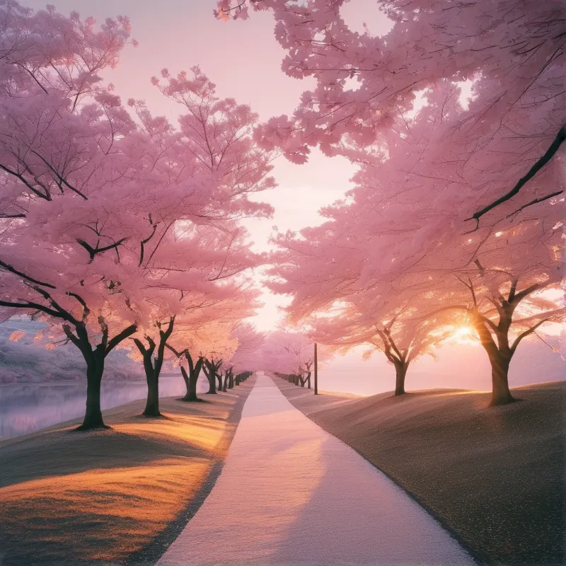 A straight pale path stretches between rows of pink flowering cherry trees beside calm water, lit by low warm sunrise light.
