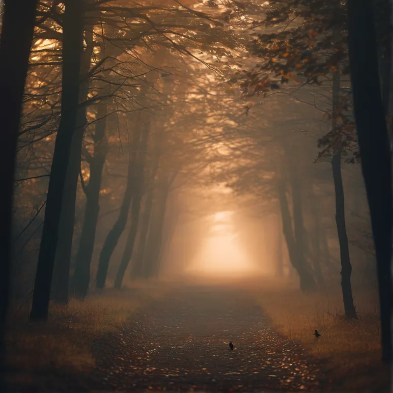 A narrow track winds through a misty woodland where golden sunlight filters through branches to illuminate the haze.