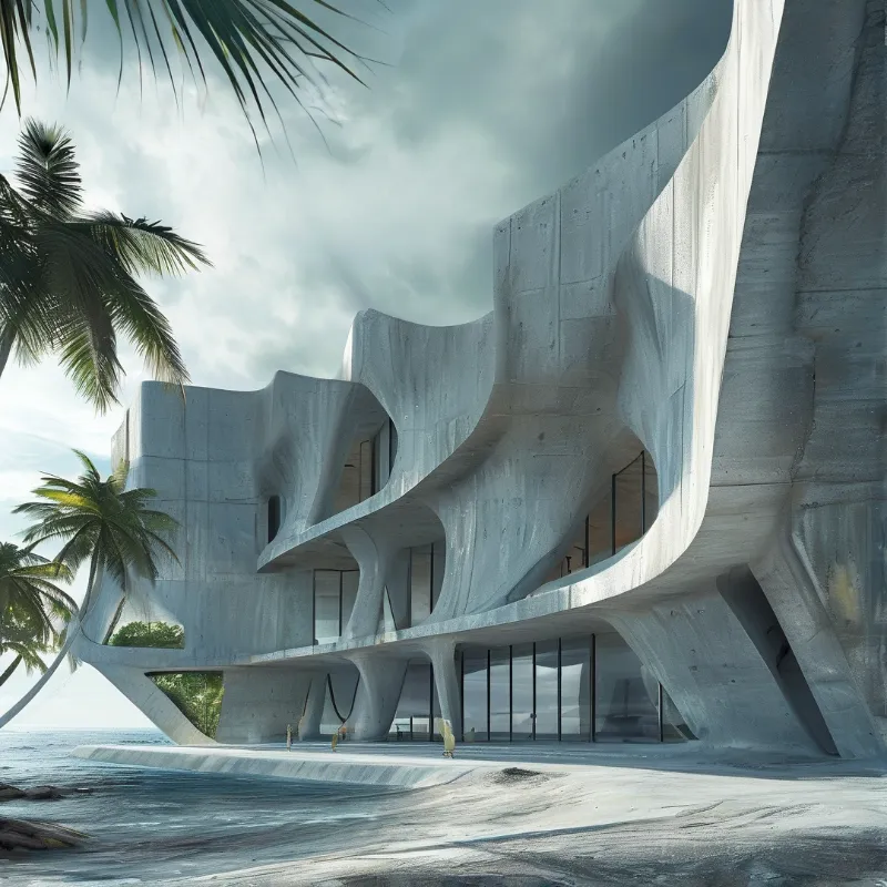 Organic curved concrete house with glass openings stands on a sandy beach by palm trees and ocean under cloudy daylight.