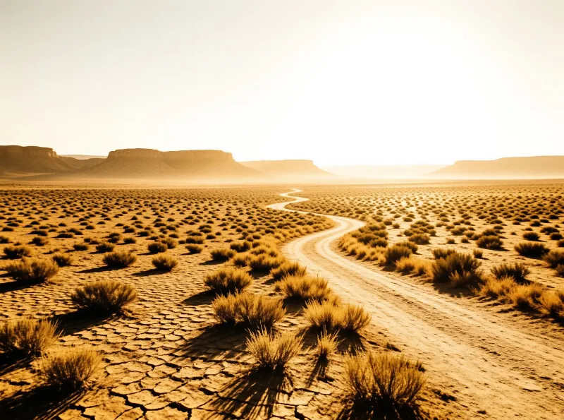 A long unpaved track snakes through a barren expanse of dry earth and low shrubs towards distant plateaus.