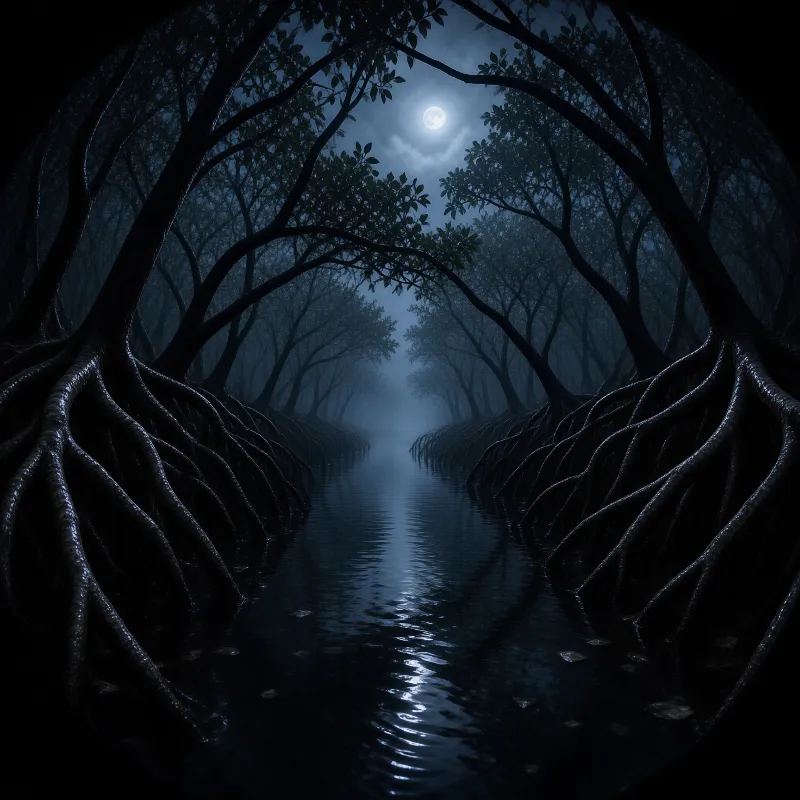 Mangrove Roots Arching Over Moonlit Night Water