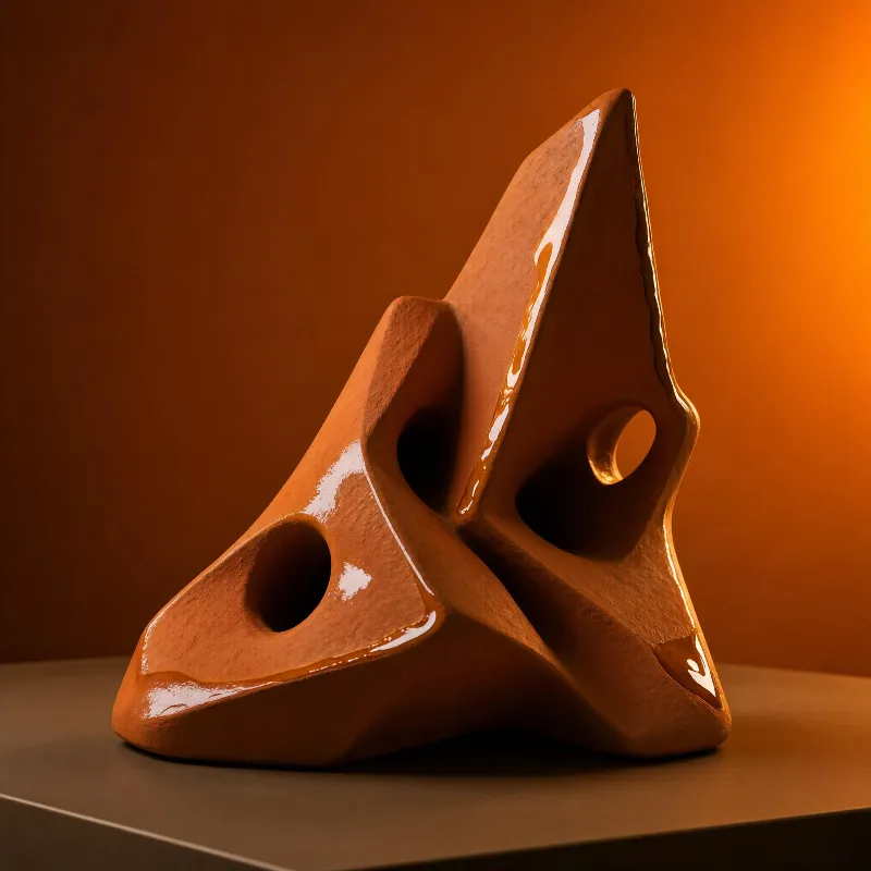 A brown abstract sculpture with circular holes and glossy edges sits on a dark surface against a warm-toned gradient background, illuminated by soft light.