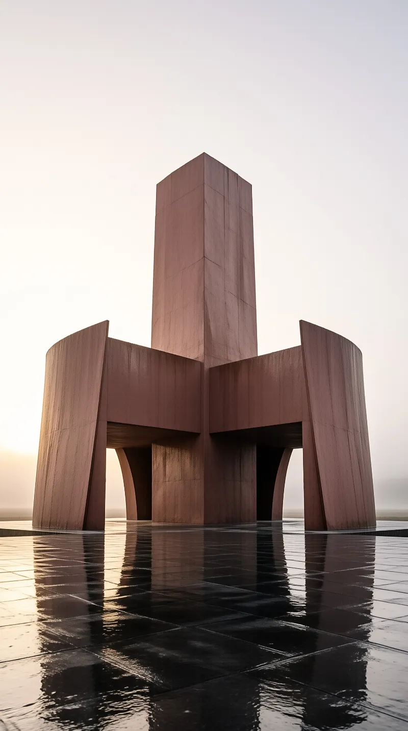 A tall reddish monolithic structure stands in a calm reflecting pool surrounded by mist during the golden hour.