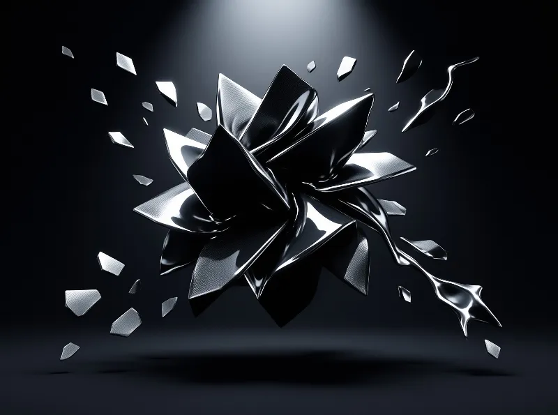 A shiny black crystalline structure shatters into flying fragments beneath a focused beam of white light.