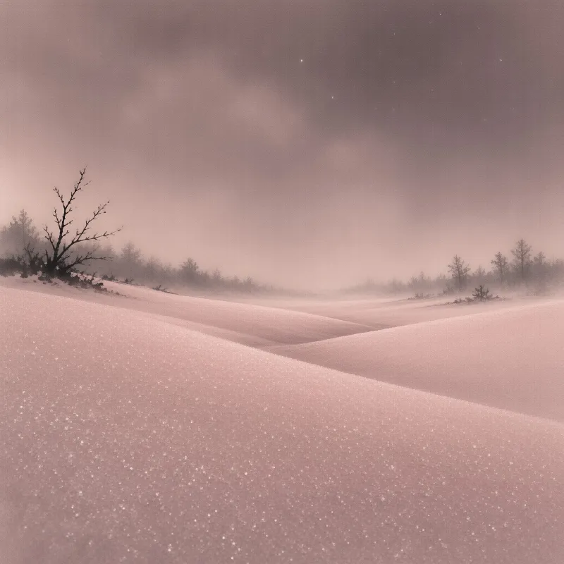 Soft mauve light settles on sculpted snow dunes with a lone leafless shrub and distant frosted pines