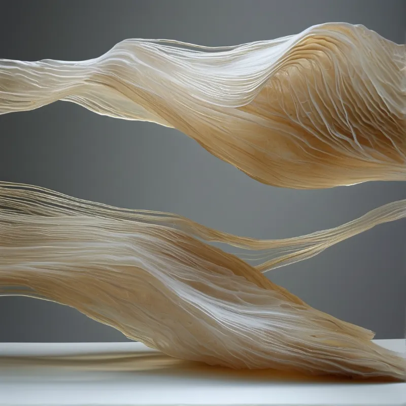 Cream and beige silk ribbons curve against a gray studio wall, even light highlights fine layered texture and soft undulating shape.