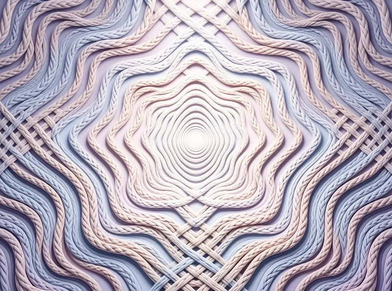 Pale soft braided and woven twisted rope strands arrange into concentric symmetric patterns fading from bright center outward