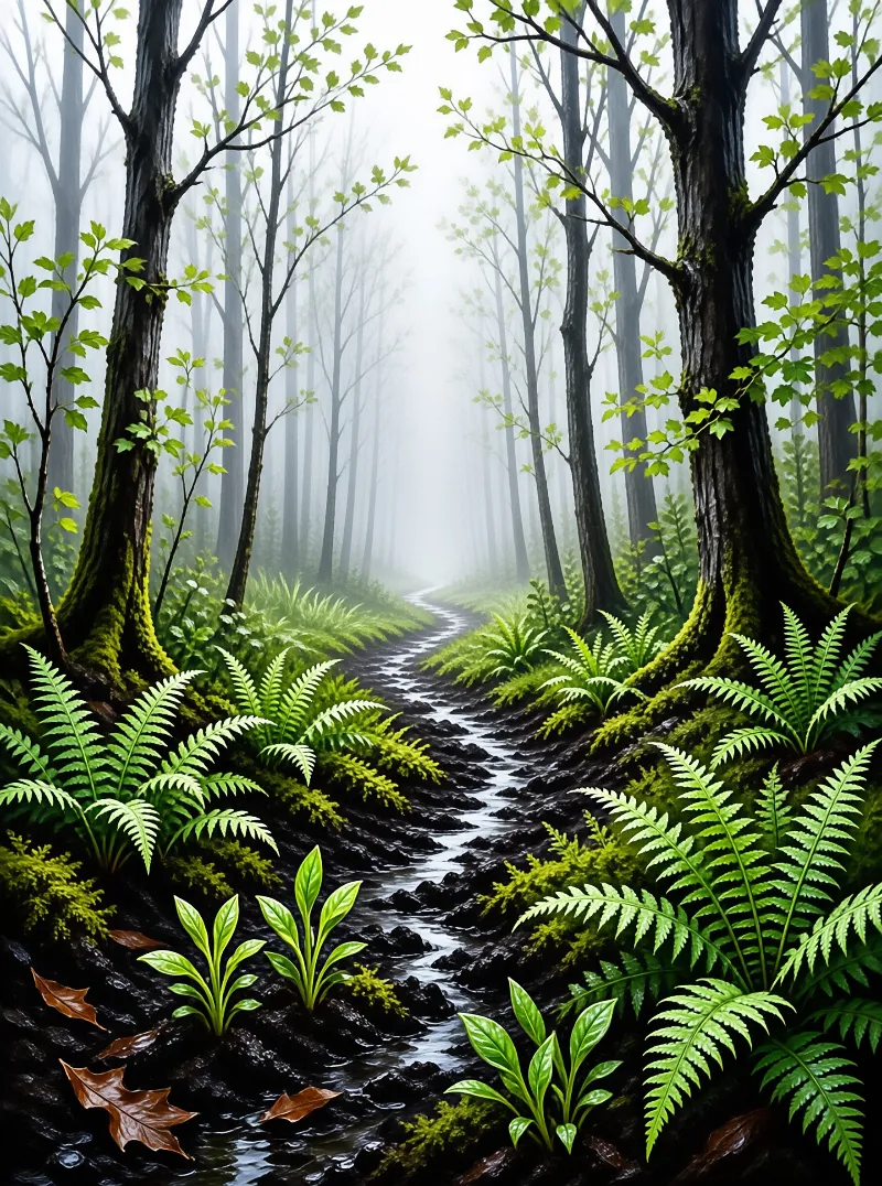 A winding rocky stream flows through a dense forest filled with green ferns and moss-covered trees under a foggy atmosphere.